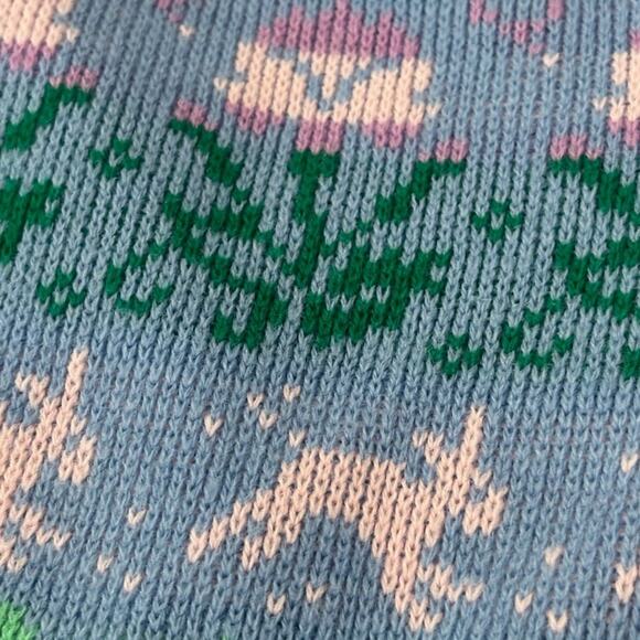 VINTAGE 80’s Pierre Cardin Blue and Green Bunny print Mock Neck Sweater Size XL - Picture 5 of 9